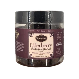 Image - Serene Tree Apothecary Elderberry Golden Fire Gummies in a clear jar with a black lid, front label.