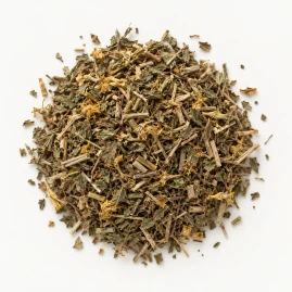 Image - Loose dried St. John's wort on a warm-white background.
