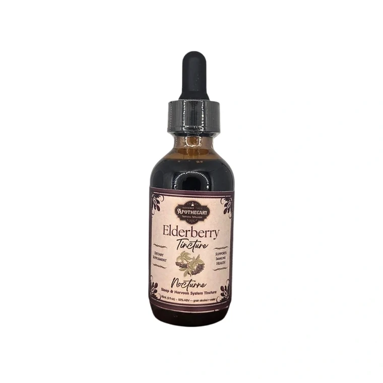 Product Image: Serene Tree Apothecary Elderberry Nocturne Tincture in an amber dropper bottle, front label.