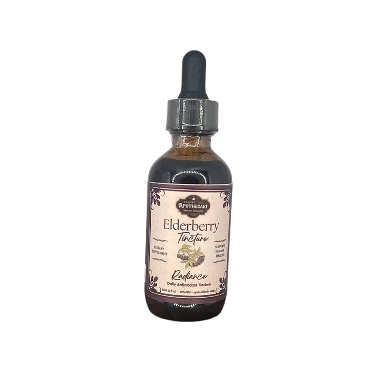 Product Image: Serene Tree Apothecary Elderberry Radiance Tincture in an amber dropper bottle, front label.