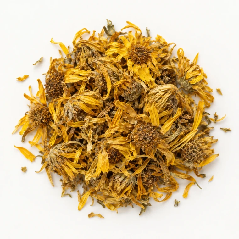 Product Image: Loose dried arnica flowers on a warm-white background.