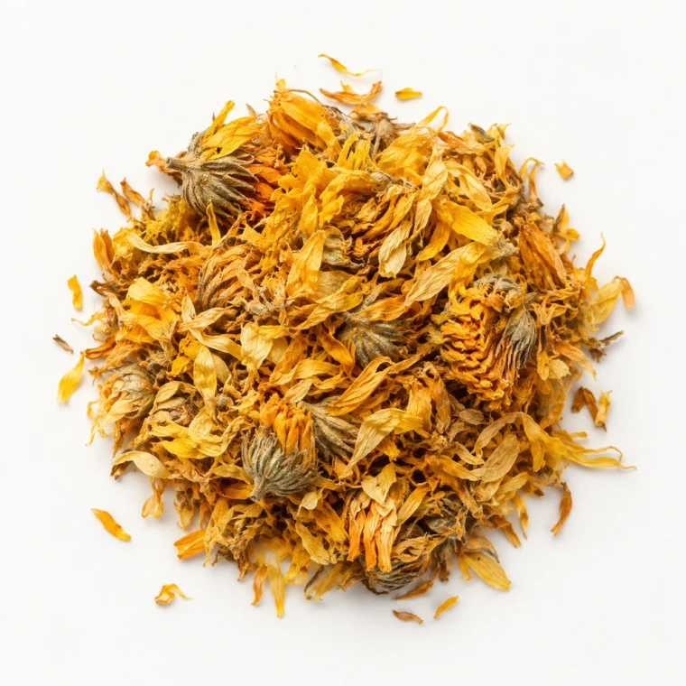 Product Image: Loose dried calendula flowers on a warm-white background.
