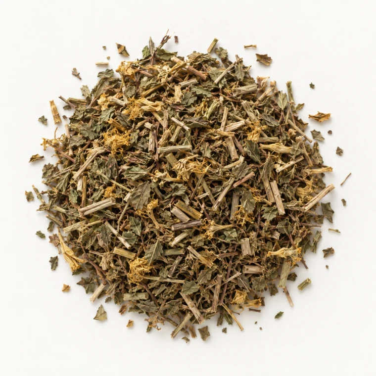 Product Image: Loose dried St. John's wort on a warm-white background.