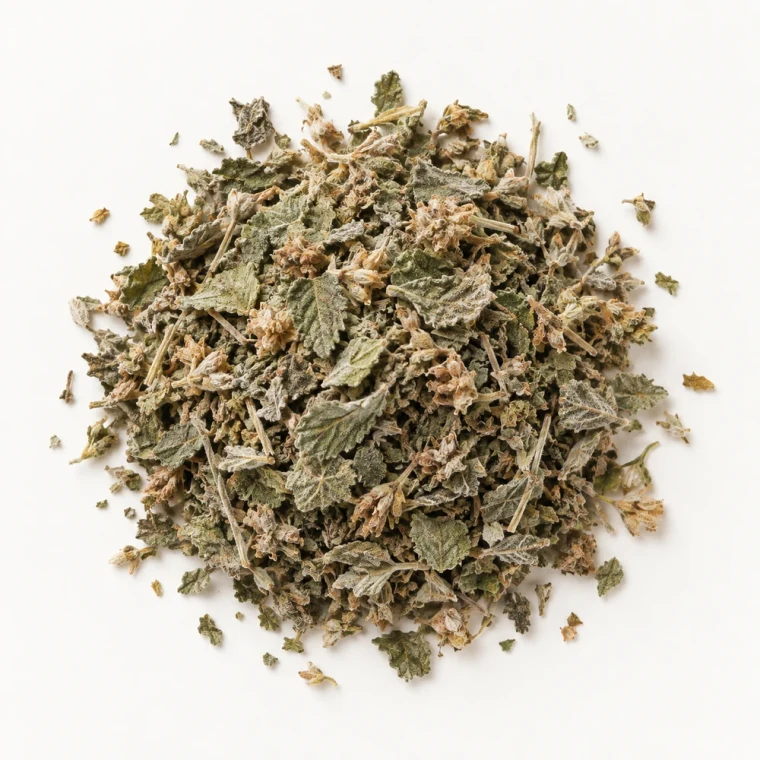 Product Image: Loose dried catnip leaf and flower on a warm-white background.