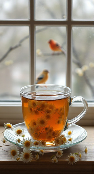 Chamomile Tea front of a window with birds on the outside
