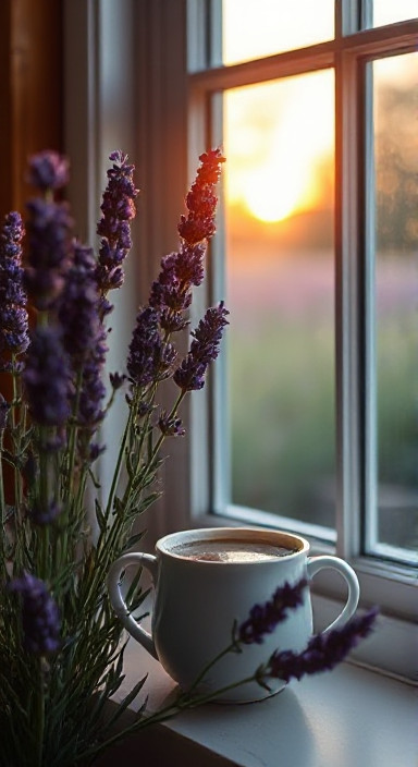 Lavender Tea in front of a window with the sun going down