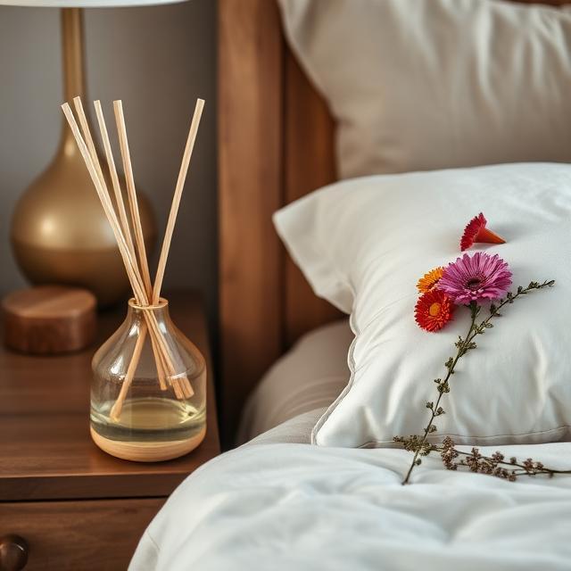 reed diffuser by a bed