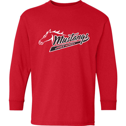 MOR Youth Heavy Cotton Long Sleeve T-Shirt with Mustangs Distressed Logo - Red (MOR-309-RE)