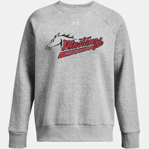 MOR Under Armour Women's Rival Fleece Crewneck Sweatshirt with Mustangs Distressed Logo - Mod Gray Light Heather (Staff) (MOR-230-MG)