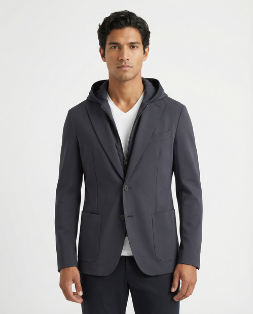 MEN'S FRADI TECHNO LIGHT WEIGHT BLAZER IN NAVY WITH BIB AND HOOD - FRONT VIEW 
