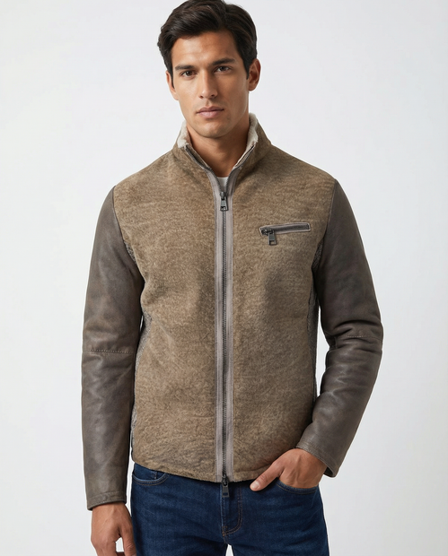 MEN'S COLORADO COLLECTION BY AVALON SHEARLING AND LEATHER JACKET IN A LIGHT BROWN- FRONT VIEW 