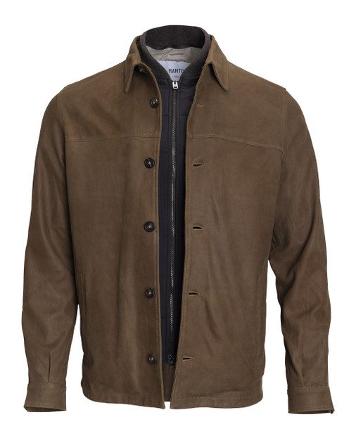 MANTO SUEDE OVERSHIRT JACKET UNBUTTONED WITH ZIPPED BIB- FRONT VIEW 
