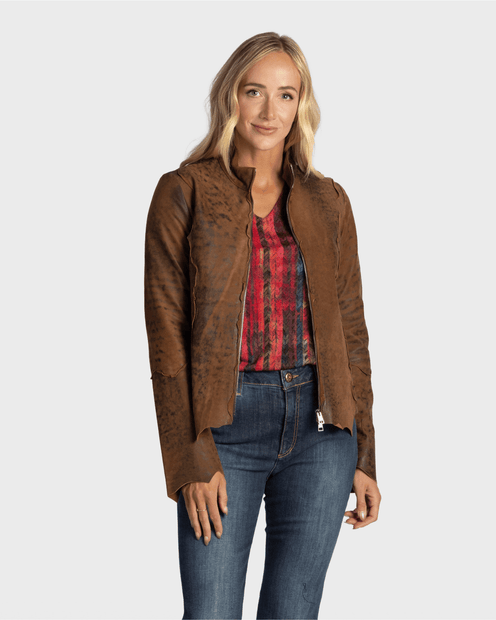 WOMEN'S RONCARATI DISTRESSED LEATHER JACKET- FRONT VIEW 