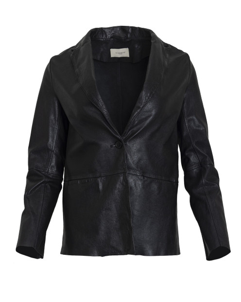 WOMEN'S VIA MASSINI 80 LIGHTWEIGHT LEATHER BLAZER IN BLACK- FRONT VIEW 
