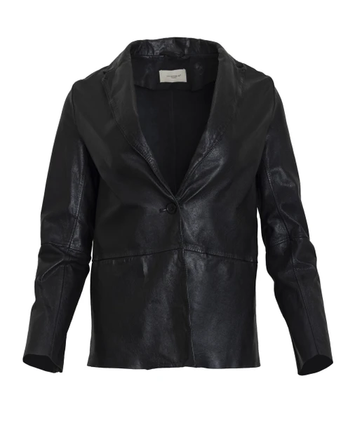 WOMEN'S VIA MASINI 80 LIGHTWEIGHT LEATHER BLAZER IN BLACK- FRONT VIEW 
