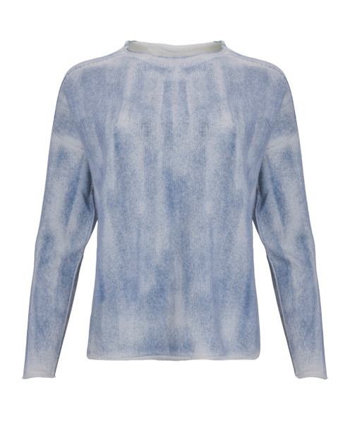WOMEN'S AROVESCIO CASHMERE/WOOL BLEND BLUE PAINTED CREW NECK- FRONT VIEW 
