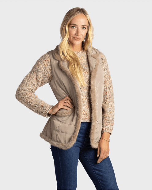 WOMEN'S DIOMI MINK TRIM LIGHTWEIGHT TAUPE VEST- FRONT VIEW 