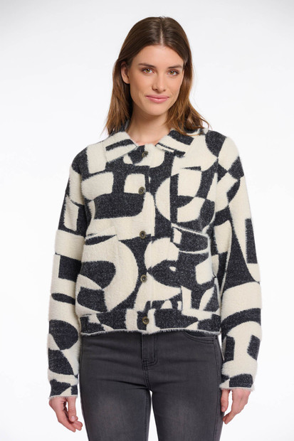 WOMEN'S RINO & PELLE LIGHTWIGHT BLACK AND WHITE GEOMTRIC JACKET- FRONT VIEW 