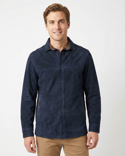 MEN'S LONE PINE SUEDE BUTTON DOWN NAVY OVERSHIRT- FRONT VIEW 
