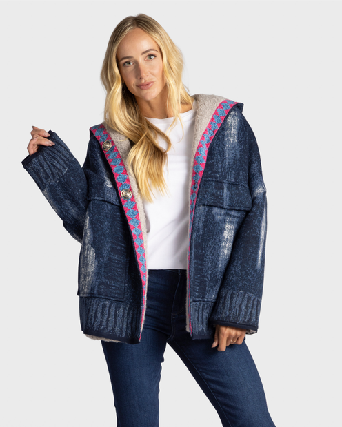 WOMEN'S BE YOUR ESSENCE FEELCE JACKET WITH A VIBRANT GEOMETRIC TRIM IN A TRUE DENIM COLOR- FRONT VIEW 