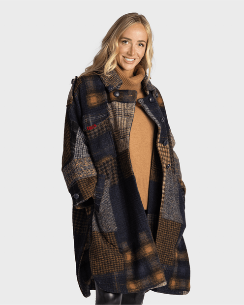 WOMEN'S BE YOUR ESSENCE MID-LENGTH TRENCH COAT IN A MULTIMEDIA COLOR AND PATTERNS- FRONT VIEW 