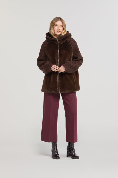 WOMEN'S DIEGO M FAUX FUR MIXED MEDIA BROWN JACKET- FRONT VIEW 