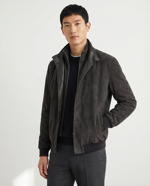 MEN'S MOORER 'JANOS-UR' SHEEP SUEDE AND LEATHER DARK BROWN JACKET- FRONT VIEW WITH INSERT 
