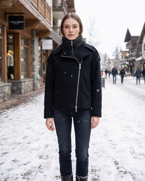 WOMEN'S MOORER 'VIANA' CLASSIC BIKER JACKET WITH ASYMETRICAL ZIPPER AND DOWN FILLED VEST IN BLACK- FRONT VIEW 