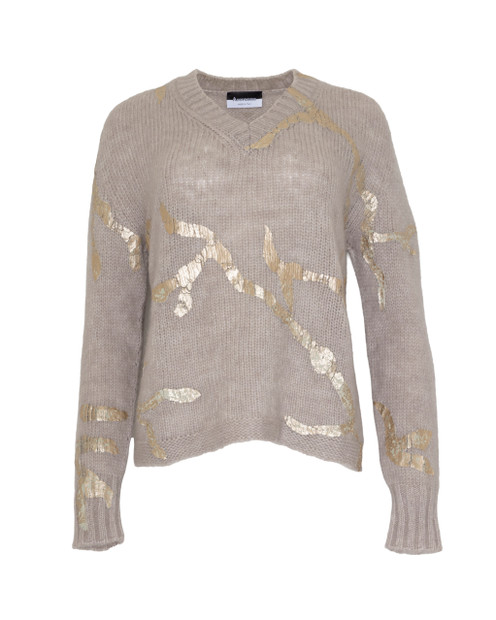 WOMEN'S AROVESCIO V-NECK ALPACASWEATER IN TAUPE- FRONT VIEW 
