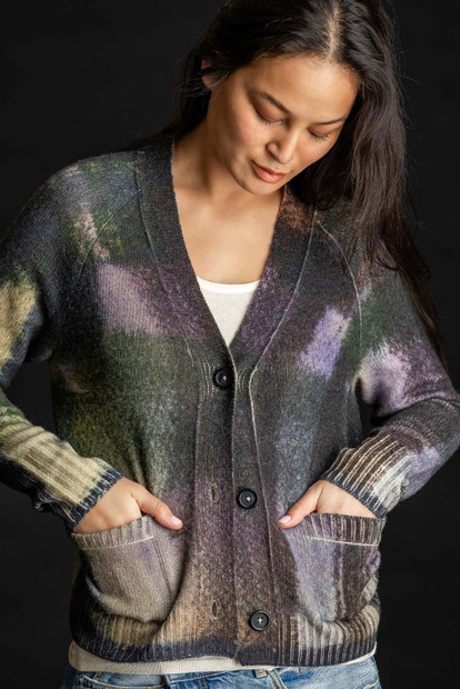WOMEN'S PAYCHI GUH PLAID PAINTED CASHMERE CARDIGAN IN A MULTI COLOR- FRONT VIEW 