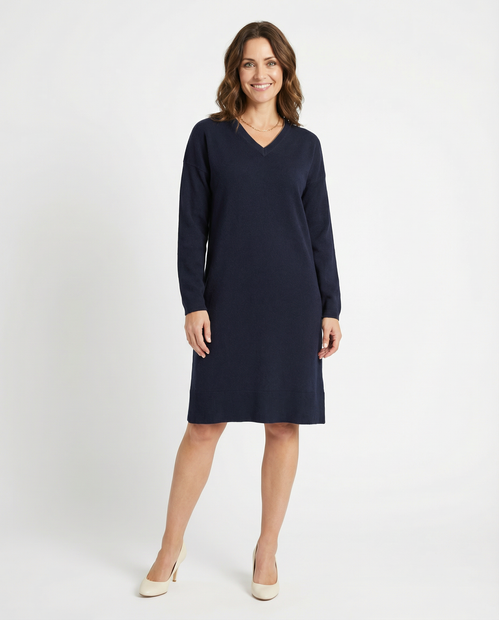 WOMEN'S ROCCO RAGNI CASHMERE BLEND V-NECK DRESS IN NAVY- FRONT VIEW 