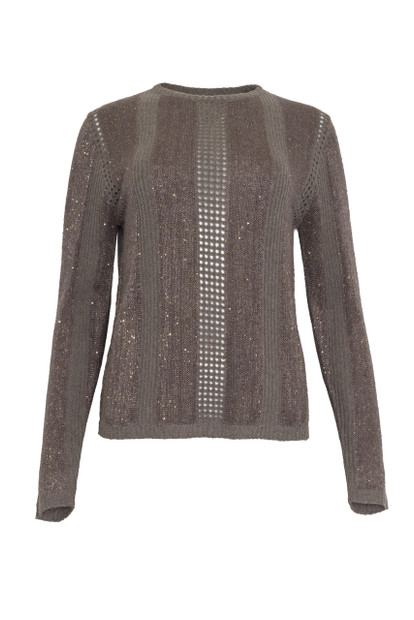 WOMEN'S ROCCO RAGNI WIDE RIBBED SQUARE KNIT CREW NECK SWEATER IN TAUPE- FRONT VIEW 

