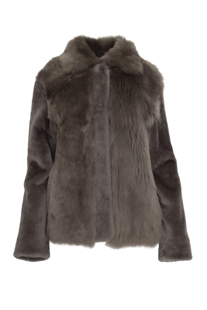 WOMEN'S ROCCO RAGNI LONG AND SHORT SHEARLING COAT IN TAUPE- FRONT VIEW 
