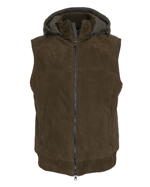 MEN'S WATERVILLE 'DERRY' LIGHWIGHT SUEDE VEST IN GREEN- FRONT VIEW WITH HOOD