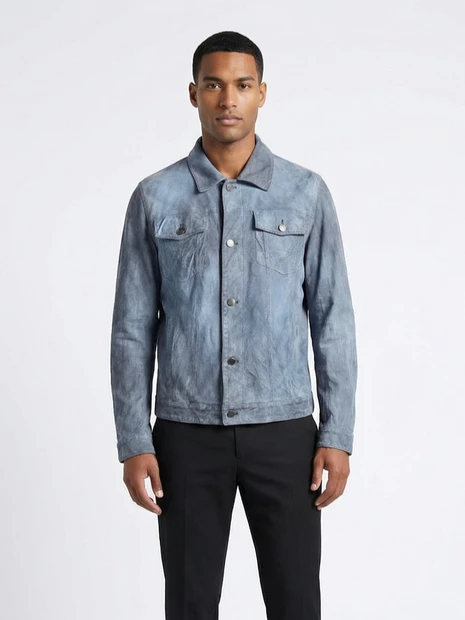 MEN'S ARTICO 'MALTINTO' SUEDE JEAN JACKET WITH SNAP CLOSURE IN BLUE - FRONT VIEW 