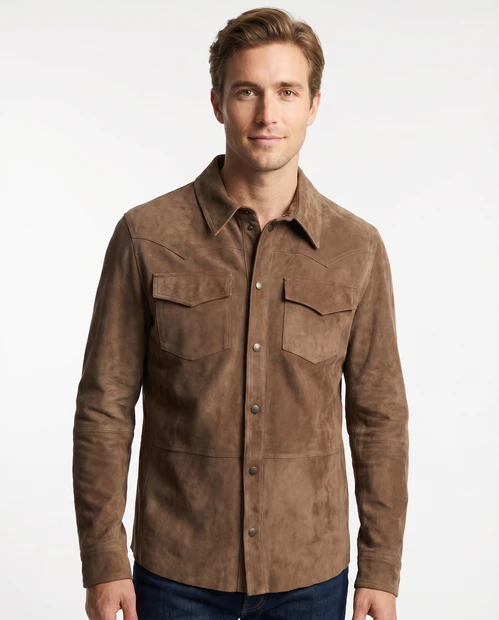 MEN'S ARTICO SUEDE JEAN JACKET SNAP BUTTON CLOSURE IN BROWN - FRONT VIEW 