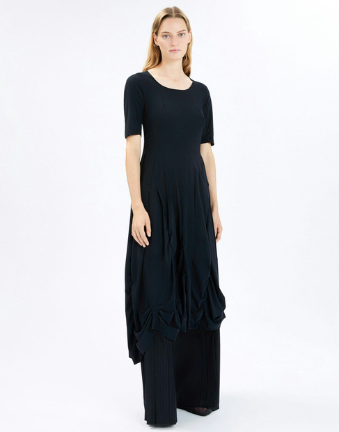 WOMEN'S HIGH MIDLENGTH ASSYMETRICAL DRAPE DETAIL DRESS IN NAVY - FRONT VIEW 
