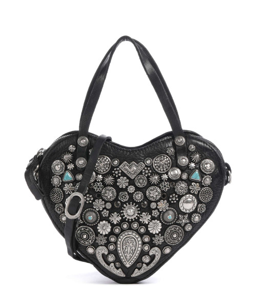 WOMEN'S CAMPOMAGGI 'VALENTINA' LEATHER STUDDED HEART BAGIN BLACK - FRONT VIEW 
