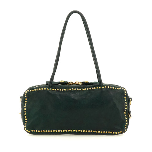 WOMEN'S CAMPOMAGGI 'SIMONA' LEATHER STUDDED BOWLING BAG IN DARK GREEN - FRONT VIEW 
