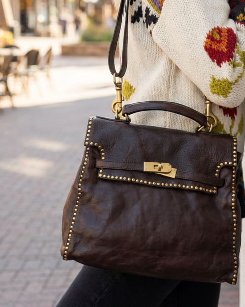 WOMEN'S CAMPOMAGGI 'GINEVRA' LEATHER STUDDED SHOULDER BAG IN BROWN - FRONT VIEW 
