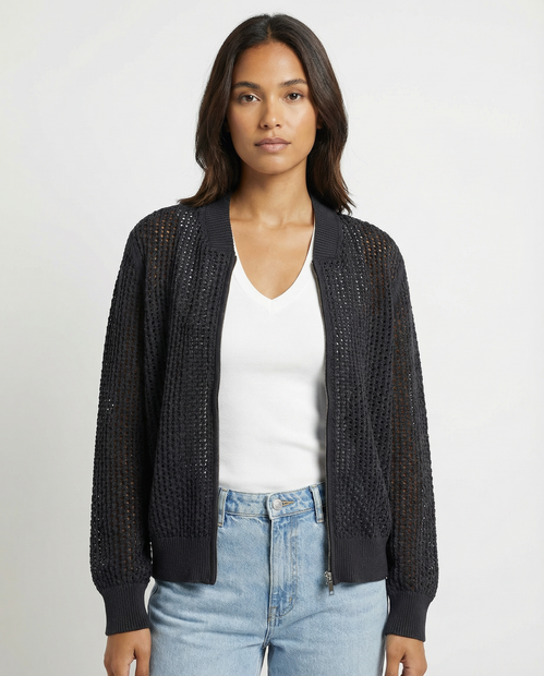 WOMEN'S AROVECIO ZIPPER CLOSURE CHUNKY KNIT CARDI IN BLACK - FRONT VIEW 