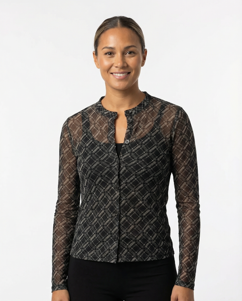 WOMEN'S SIYU SHEER LIGHTWEIGHT BUTTON DOWN CARDI IN A DARK GREEN AND BLACK - FRONT VIEW 
