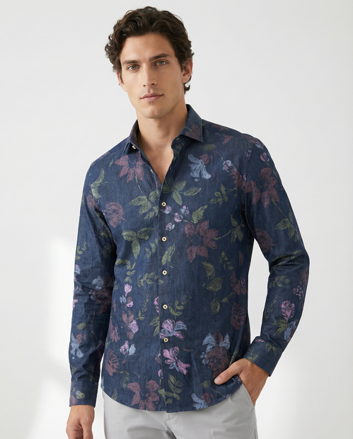 MEN'S ALESSANDRO GHERARDI PAINTED FLORAL COTTON SHIRT IN A BLUE DENIM PRINT - FRONT VIEW 
