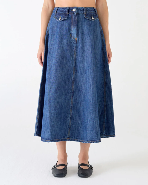 WOMEN'S SHAFT JEAN 'GONNA FILLY' DENIM SKIRT IN BLUE DENIM - FRONT VIEW  
