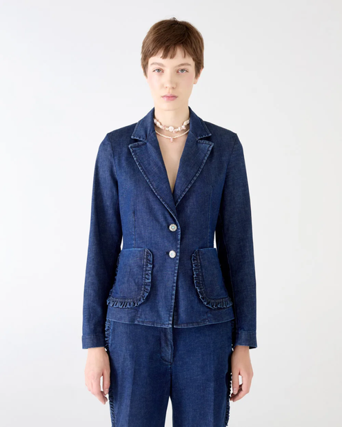 WOMEN'S SHAFT JEAN FITTED BLAZER WITH RUFFLE POCKETS IN BLUE - FRONT VIEW 
