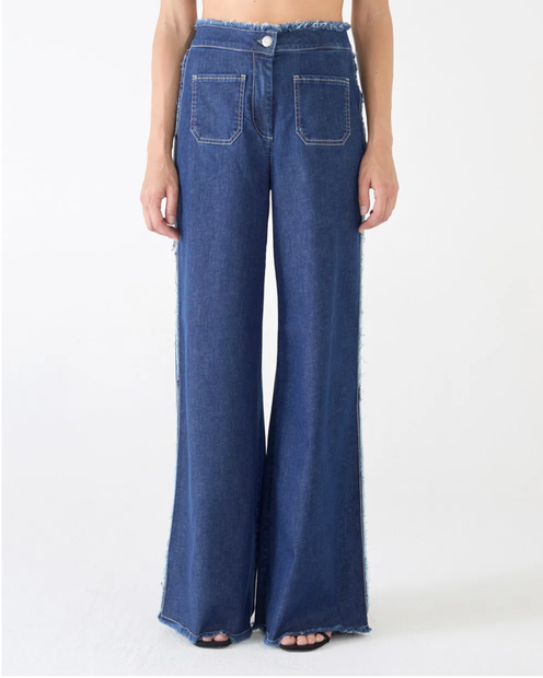 WOMEN'S SHAFT JEANS 'POLLY WIDE' STRETCH PANTS WITH FRAYED EDGES IN BLUE - FRONT VIEW 
