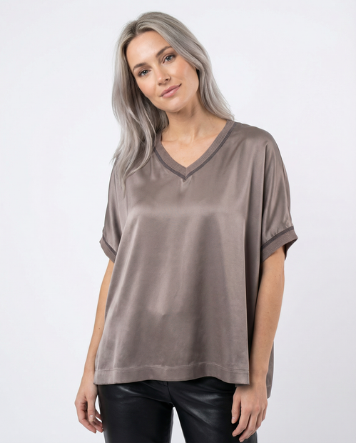 WOMEN'S PANICALE V-NECK SILK TOP IN TAUPE - FRONT VIEW 