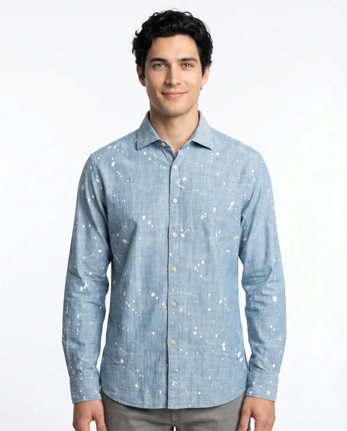 Men's Tintoria Mattei Paint Splat Cotton Shirt in Blue - Front View 