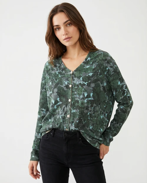 WOMEN'S IN BED WITH YOU FLORAL CARDIGAN IN GREEN - FRONT VIEW 