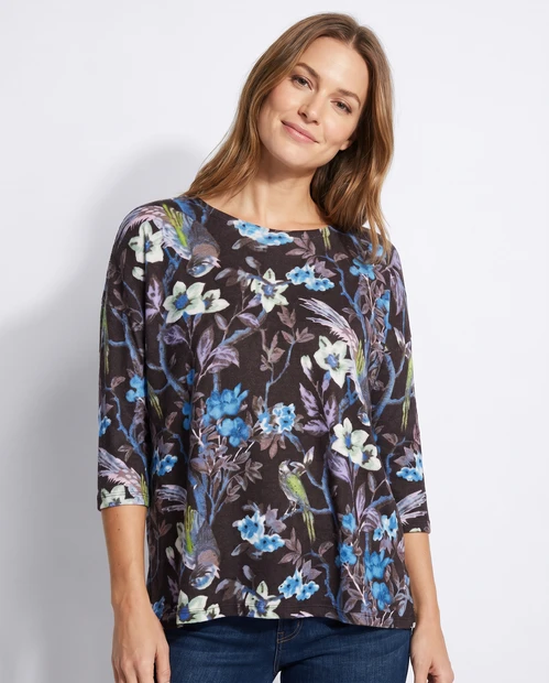 WOMEN'S IN BED WITH YOU FLORAL SWEATER IN BLUE AND BROWN - FRONT VIEW 

